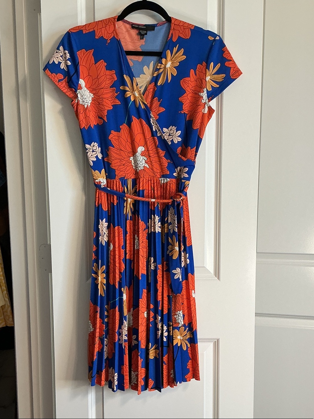 Royal Blue & Orange Floral Pleated Wrap Midi Dress